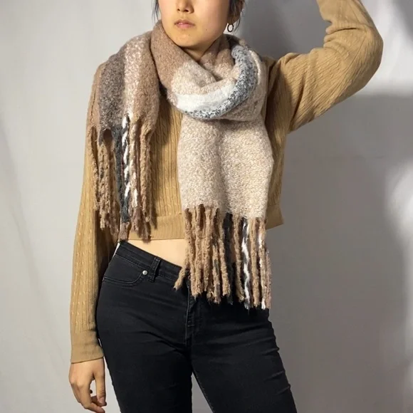 SALE Chunky Knit Khakis Tan Plaid Scarf - Picture 2 of 10